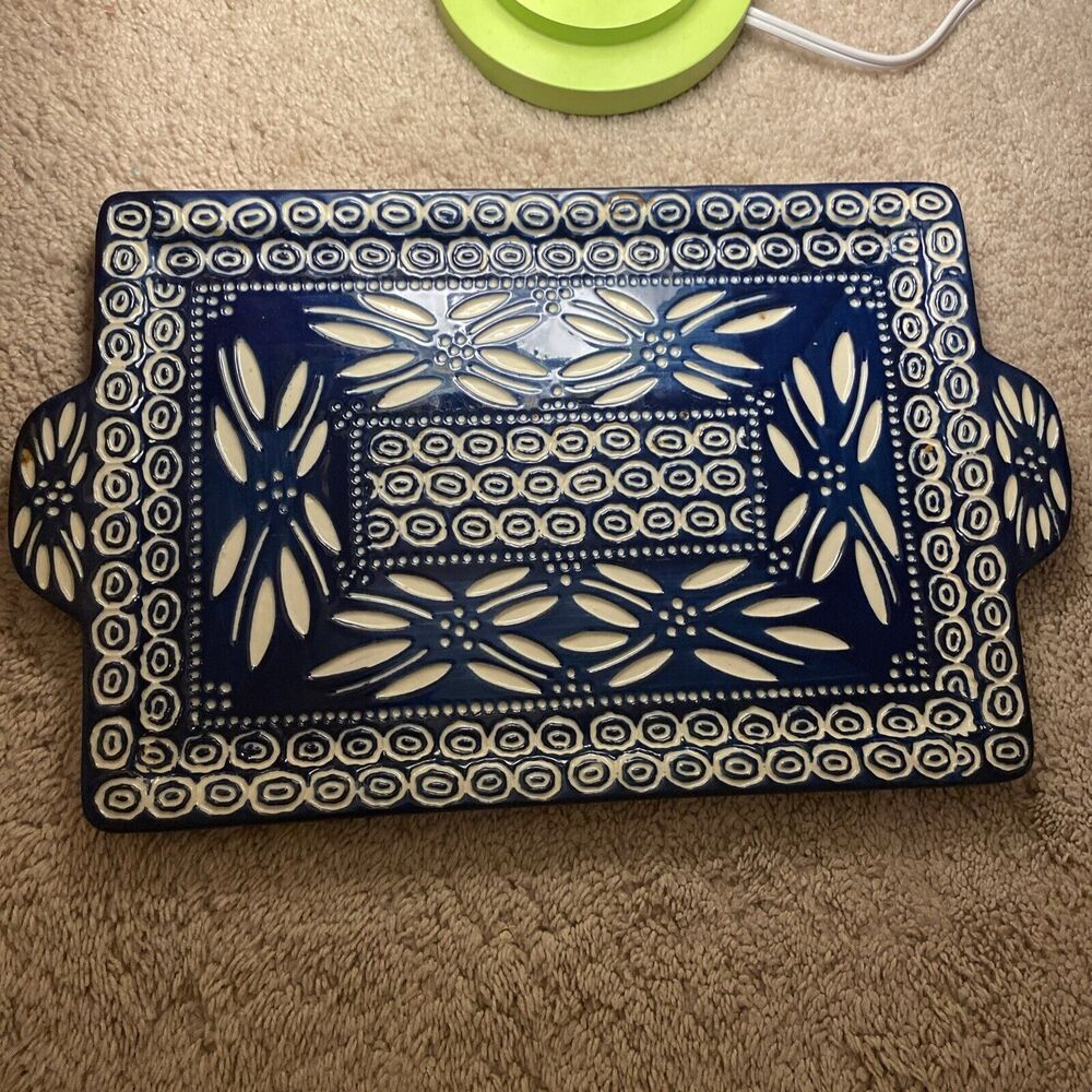 Temptations Rectangular Platter Serving Tray Platter  Embroidery Theme Navy